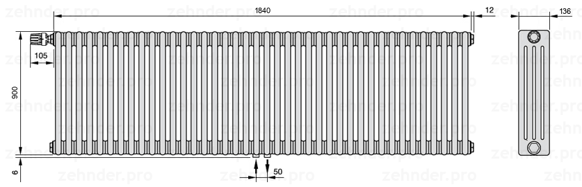 Схема (чертеж) Радиатор Zehnder Charleston 4090/40 №V007 Белый глянцевый RAL 9016